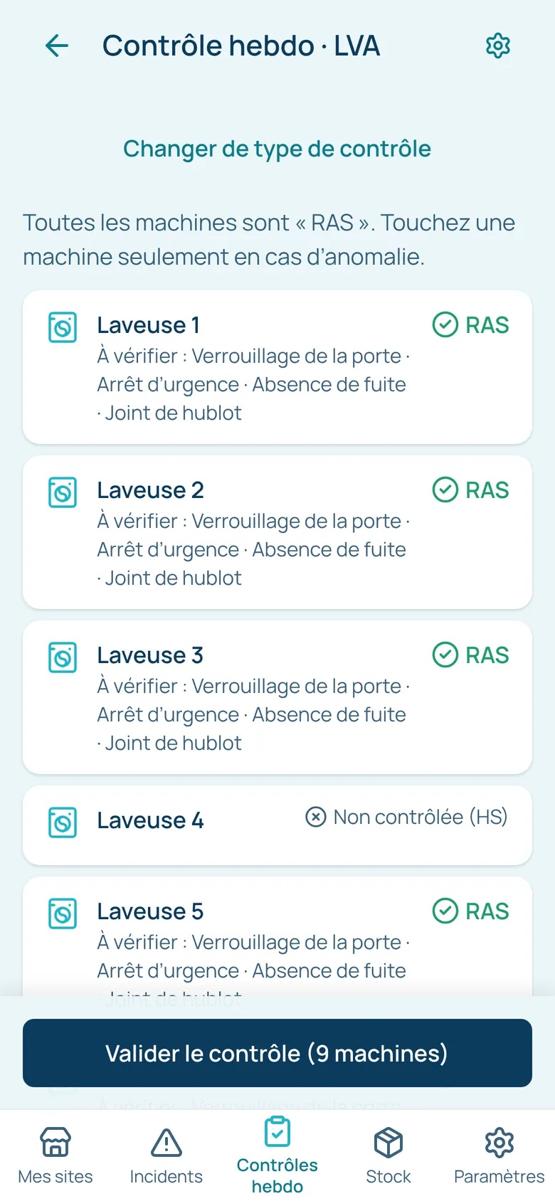 Contrôle hebdomadaire : liste des laveuses marquées RAS, avec les points à vérifier.